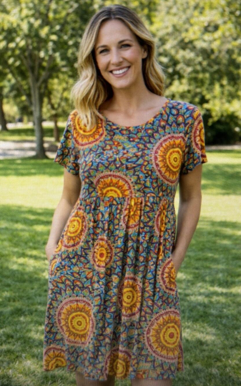 Womens blue Shift Dress Pockets large 80's knit bohemian artsy mandala casual